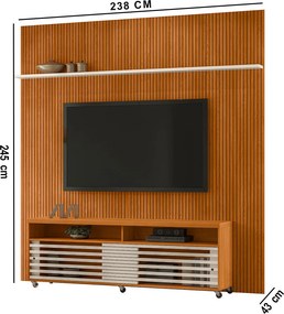 Painel TV 75 Pol 238cm Ripado Kalven com Rack Bancada Nerion M20 - D'Rossi - Cinamomo(fosco)/Off White(brilho)