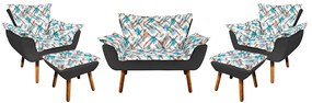 Kit 01 Namoradeira com 02 Poltronas e 02 Puffs Opala Composê Suede com Estampado Traçado Azul D33 Pés Palito Castanho - Preto