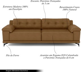 Sofá Living 3 lugares 215cm Agostino Pés Design em Ferro Couro Caramelo G52 - Gran Belo