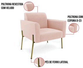 Sofá Namoradeira e 2 Poltronas Pé de Ferro Dourado Marisa Veludo Rosê