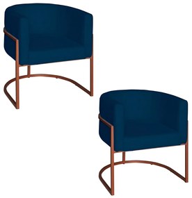 Poltrona Base Industrial Bronze Kit 2 Lety Veludo - Azul Marinho
