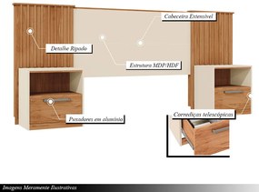 Cabeceira Extensível Casal Burrell com Mesas de Cabeceira Acabamento Ripado MDP Freijó/OffWhite G11 - Gran Belo