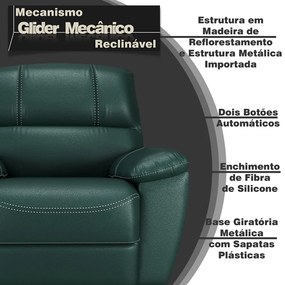 Poltrona do Papai Reclinável Giratória Armênia Glider Mecânico Couro Verde G40 - Gran Belo