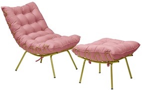Conjunto Decorativo Poltrona e Puff Abel Base de Ferro Dourada Suede Rosa G41 - Gran Belo