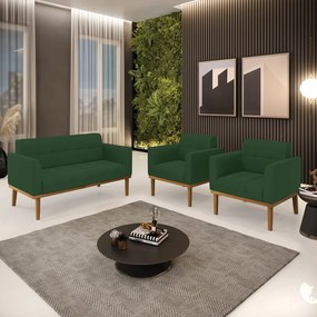 Conjunto 2 Poltronas e 1 Namoradeira Decorativa Karen Pés Fixo em Madeira Castanho Veludo Verde Esmeralda G19 - Gran Belo