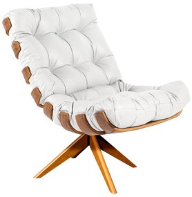 Poltrona com Puff Giratório Costela Couro Branco Base de Madeira MA30 M11 - D'Rossi