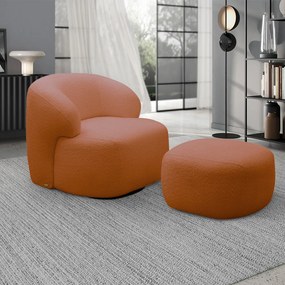 Conjunto Sala de Estar Decorativo Charlote 1 Poltrona Namoradeira 150cm 1 Poltrona Base Giratória em Aço com Puff Bouclê Terracota G88 - Gran Belo