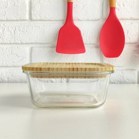 Pote de vidro com tampa de bambu - 800 ml Quadrado achatado