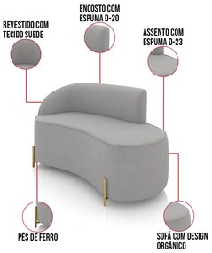 Sofá 2 Lugares Orgânico 140cm Pé Dourado Morgan Suede D03 - D'Rossi - Cinza