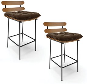 Kit 02 Banquetas Costela Suede Marrom Base Metálica Preto - D'Rossi