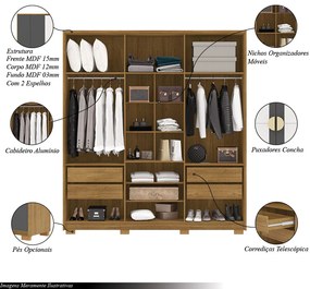 Guarda Roupa Casal Marlin 6 Portas de Bater 2 com Espelhos 4 Gavetas com Nichos MDF Nature/Chumbo G98 - Gran Belo