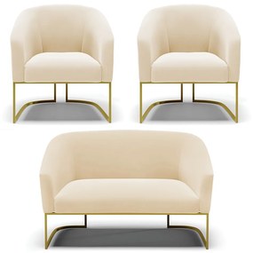 Namoradeira e 2 Poltronas Base Industrial Dourado Stella Suede D03 - D'Rossi - Bege