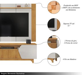 Painel e Bancada TV 75" Rocha Ripado Canelado 4 Portas Bali/Cedro G18 - Gran Belo