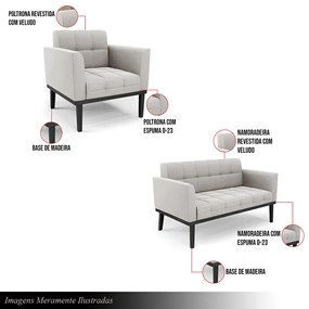 Conjunto Poltrona e Namoradeira Decorativa Karen Pés Fixo em Madeira Preto Veludo Cinza G19 - Gran Belo