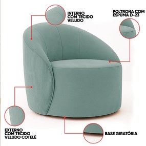 Poltrona Decorativa Orgânica Giratória Lua Cotelê/Veludo D03 - D'Rossi - Menta