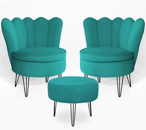 Conjunto 2 Poltrona Dália com Puff Chloe Pés Hairpin Legs Preto Veludo Azul Tiffany