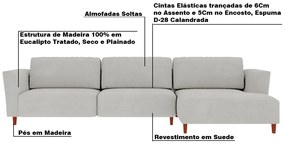 Sofá 290cm com Chaise Direita Franz Suede Cinza - Gran Belo
