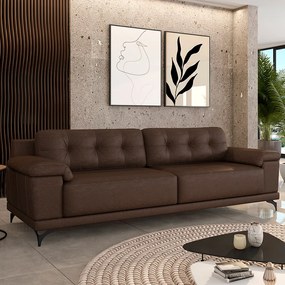 Sofá Living 4 lugares 252cm Agostino Pés Design em Ferro Couro Marrom Manchado G52 - Gran Belo