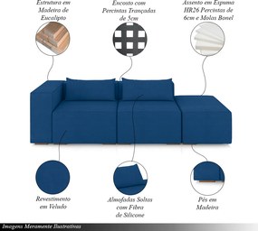Sofá Versátil Sala de Estar Atlanta 318cm Modulado Veludo Azul G52 - Gran Belo