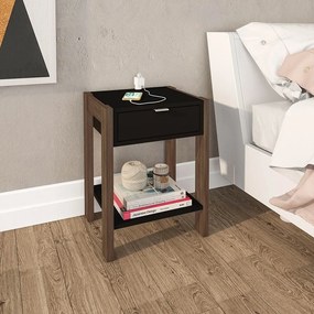 Mesa de Cabeçeira para Quarto Decorativa AZ1016 MDP Preto/Nogal G69 - Gran Belo