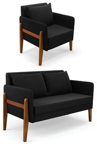 Kit 1 Sofá Namoradeira e 1 Poltrona Lana Suede Preto Base de Madeira - D'Rossi