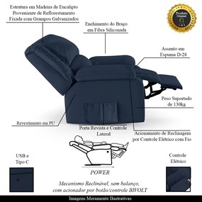 Poltrona do Papai Reclinável Sala de Cinema Madrid Controle Power Elétrico USB PU Azul  G23