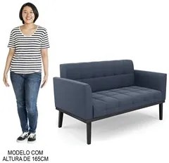 Sofá Namoradeira e 2 Poltronas Base Madeira Preto Ana Suede Azul Marin