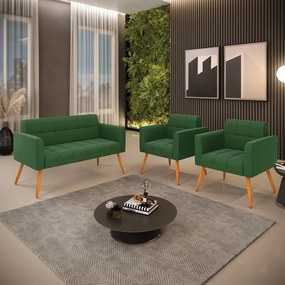 Kit 1 Sofá Namoradeira e 2 Poltronas Elisa Suede Pés Palito Castanho - D'Rossi - Verde