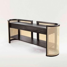 Aparador Petúnia com Gavetas e Prateleira Laminada Base Madeira Tauari Detalhe Rattan Sextavado