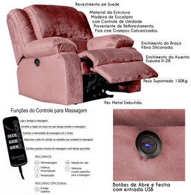 Poltrona do Papai Reclinável Elétrica com Massagem e USB Magnum Veludo Rosê G23 - Gran Belo