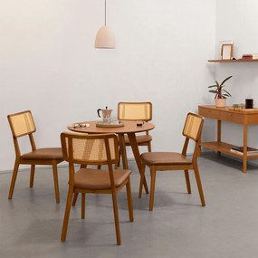 Conjunto Mesa Jantar Square Laminada Redonda 88cm Natural + 4 Cadeiras Lalá Encosto Palha Creme Assento Pu Whisky (B212)