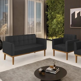 Conjunto Poltrona e Namoradeira Decorativas Karen Pés Fixo em Madeira Castanho PU Preto G19 - Gran Belo