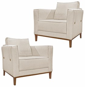 Kit 2 Poltronas Decorativas Pés em Madeira Tarantino Linho Off White Rústico G63 - Gran Belo