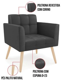 Kit 1 Sofá Namoradeira e 1 Poltrona Elisa Corino Pés Palito Natural D03 - D'Rossi - Preto