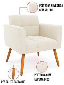 Kit 1 Sofá Namoradeira e 2 Poltronas Elisa Veludo Pés Palito Castanho D03 - D'Rossi - Bege