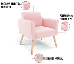 Poltrona Pés Palito Natural Marisa Suede D03 - D'Rossi - Rosa Bebê