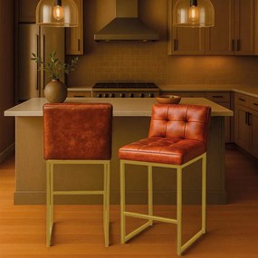 Banqueta Cozinha Alta com Encosto Industrial Kit 2 Dourado Lirina PU C05 - D'Rossi - Nozes