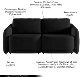 Sofá Cama Modulado Retrátil e Reclinável Decorativo Varsóvia 236cm Veludo Preto G33 - Gran Belo