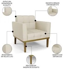 Sofá Namoradeira e 2 Poltronas Base Madeira Castanho Ana Veludo Luxo O