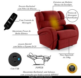 Poltrona do Papai Sala de Cinema Reclinável Kylie Power Touch Massagem USB Veludo Vermelho G23
