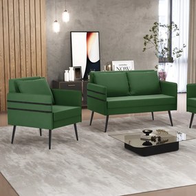 Kit 01 Namoradeira 02 Lugares e 01 Poltrona Mari Suede Verde Pés Palito de Ferro - D'Rossi