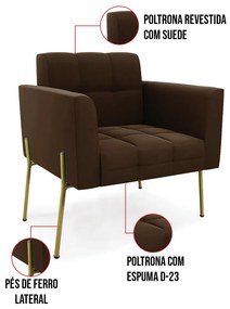 Poltrona Pé de Ferro Dourado para Sala Elisa Suede D03 - D'Rossi - Marrom