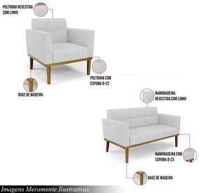 Conjunto 2 Poltronas e 1 Namoradeira Decorativa Karen Pés Fixo em Madeira Castanho Linho Cinza G19 - Gran Belo