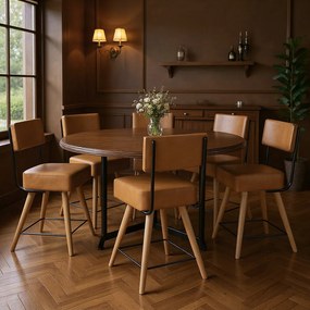 Banqueta Baixa Cozinha 50cm Encosto Pé Madeira Kit 6 Barcelona Pu S02 - D'Rossi - Caramelo