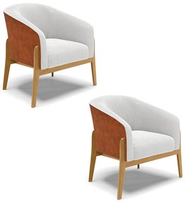 Poltrona Decorativa Base Madeira Kit 2 Stella PU Nozes/Bouclê D03 - D'Rossi - Off White