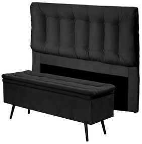 Kit Cabeceira 160cm Calçadeira Baú Casal 140cm Conforto Suede Preto -Sheep Estofados - Preto