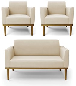 Conjunto 2 Poltronas e 1 Namoradeira Decorativa Isabella Pés Fixo em Madeira Castanho Suede Bege G19 - Gran Belo