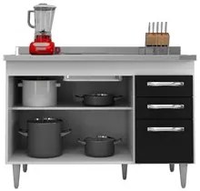 Balcão Gabinete Suécia com Pia Inox 120cm 3 Portas Branco/Preto - Lumi