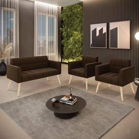 Kit 1 Sofá Namoradeira e 2 Poltronas Elisa Suede Marrom Pés Palito Natural - D'Rossi