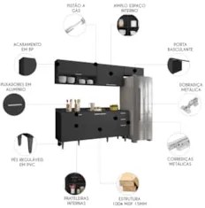 Armário de Cozinha Com Tampo CP03 250cm Pérola Preto Z34      - Mpozen